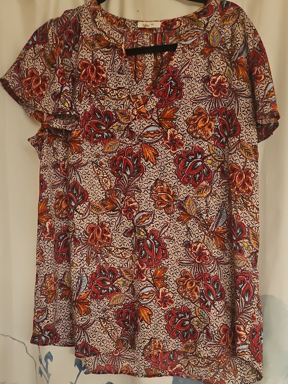 Maurices Floral Short Sleeve Top in Burgundy, Rust & Cream
